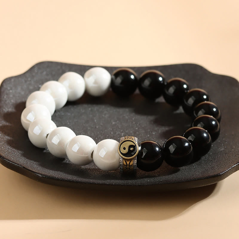 Nimara Ritual Black Obsidian White Porcelain Beads Yin Yang Fulfilment Bracelet
