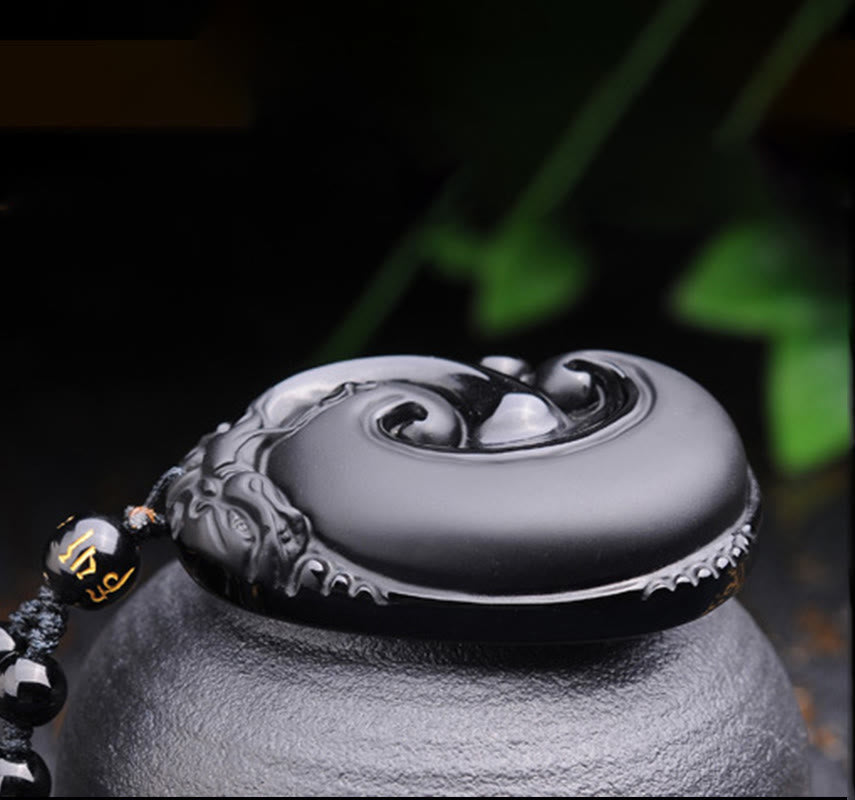 Nimara Ritual Natural Black Obsidian PiXiu Oval Pattern Strength Necklace Pendant