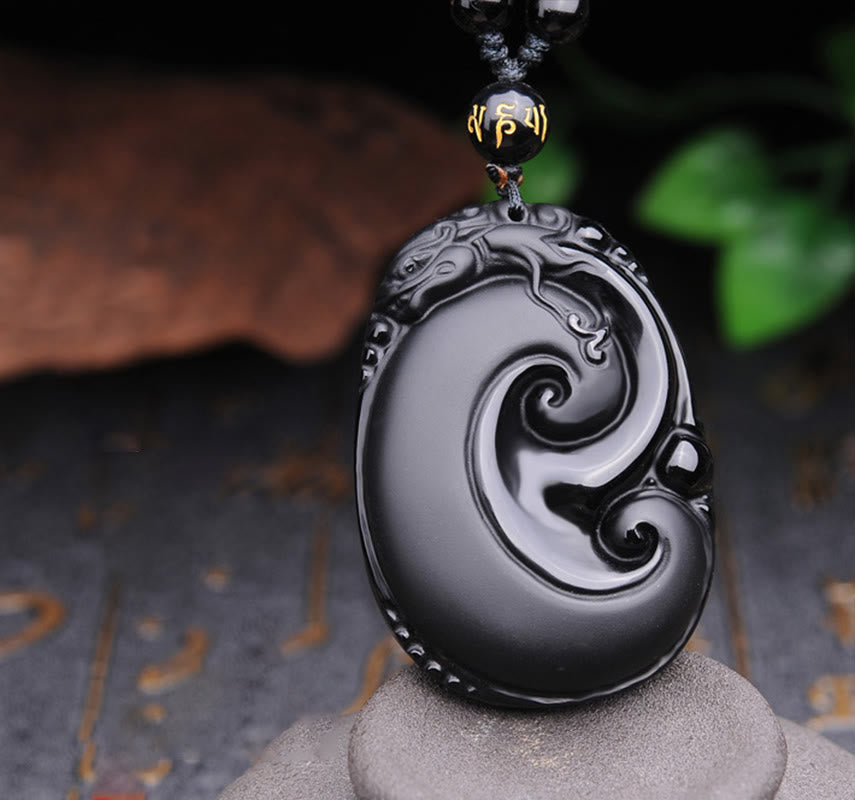 Nimara Ritual Natural Black Obsidian PiXiu Oval Pattern Strength Necklace Pendant