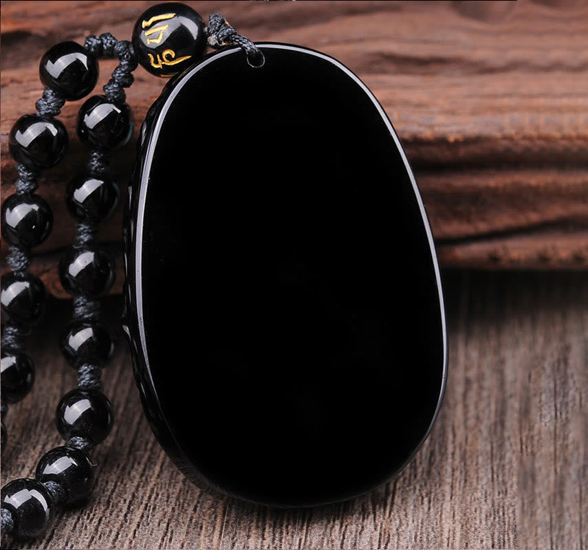 Nimara Ritual Natural Black Obsidian PiXiu Oval Pattern Strength Necklace Pendant