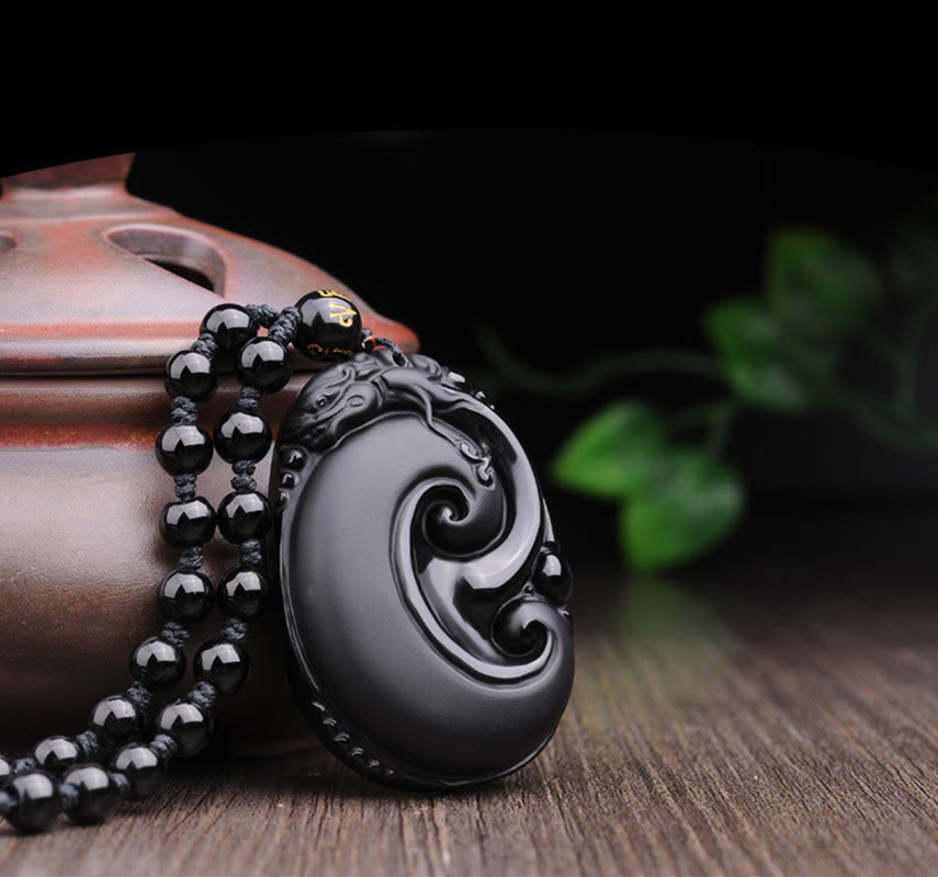 Nimara Ritual Natural Black Obsidian PiXiu Oval Pattern Strength Necklace Pendant