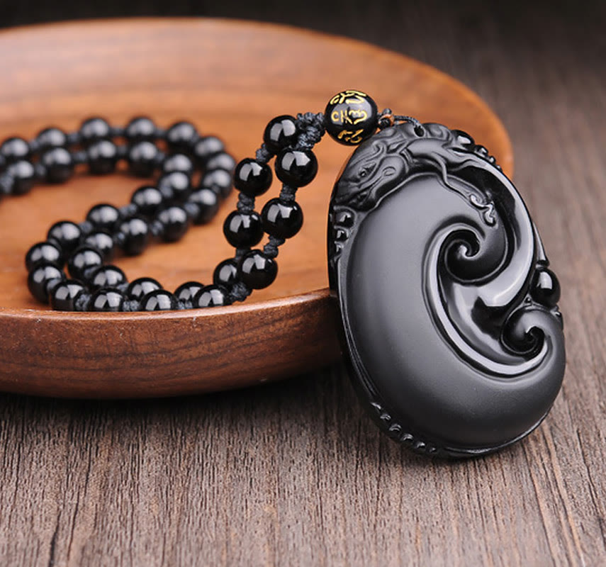 Nimara Ritual Natural Black Obsidian PiXiu Oval Pattern Strength Necklace Pendant