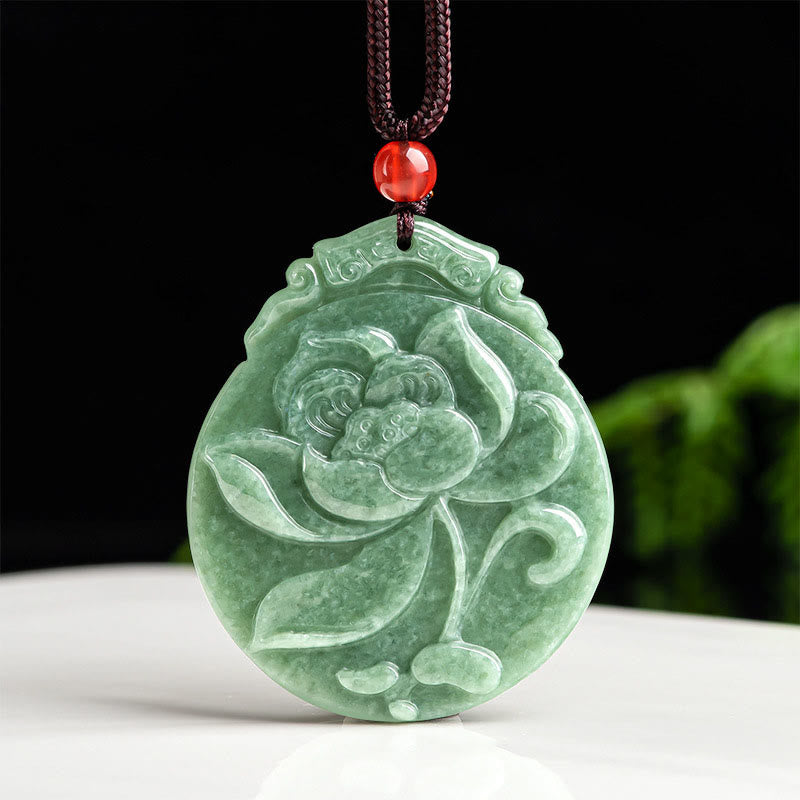 Nimara Ritual Round Lotus Pattern Jade Abundance Prosperity Necklace Rope Pendant