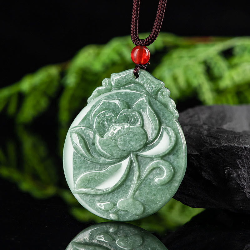 Nimara Ritual Round Lotus Pattern Jade Abundance Prosperity Necklace Rope Pendant