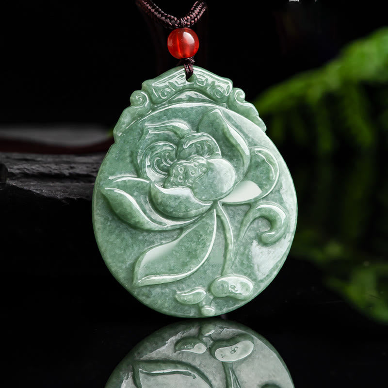 Nimara Ritual Round Lotus Pattern Jade Abundance Prosperity Necklace Rope Pendant