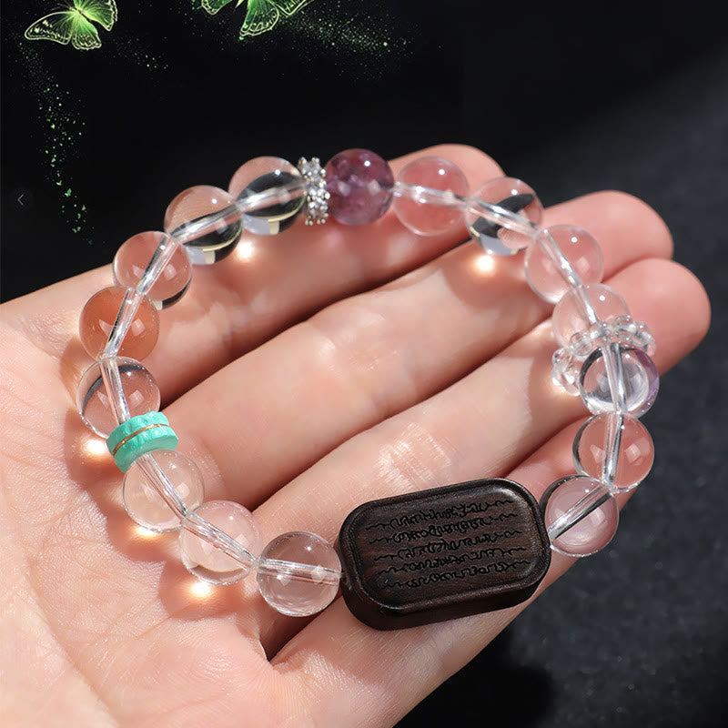 Nimara Ritual White Crystal Ebony Wood Sak Yant Zashi Lhamo Healing Bracelet