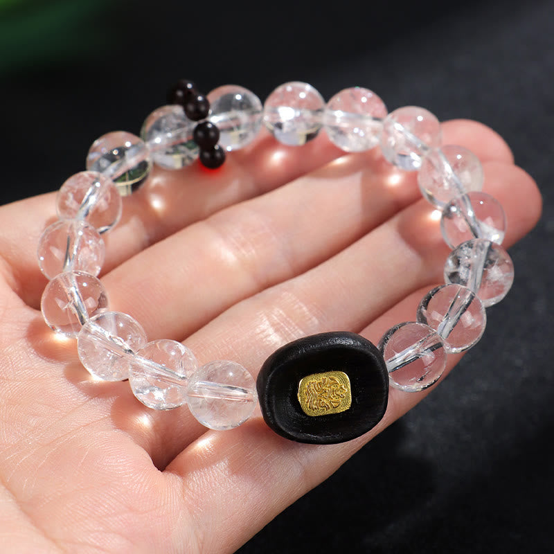 Nimara Ritual White Crystal Ebony Wood Sak Yant Zashi Lhamo Healing Bracelet