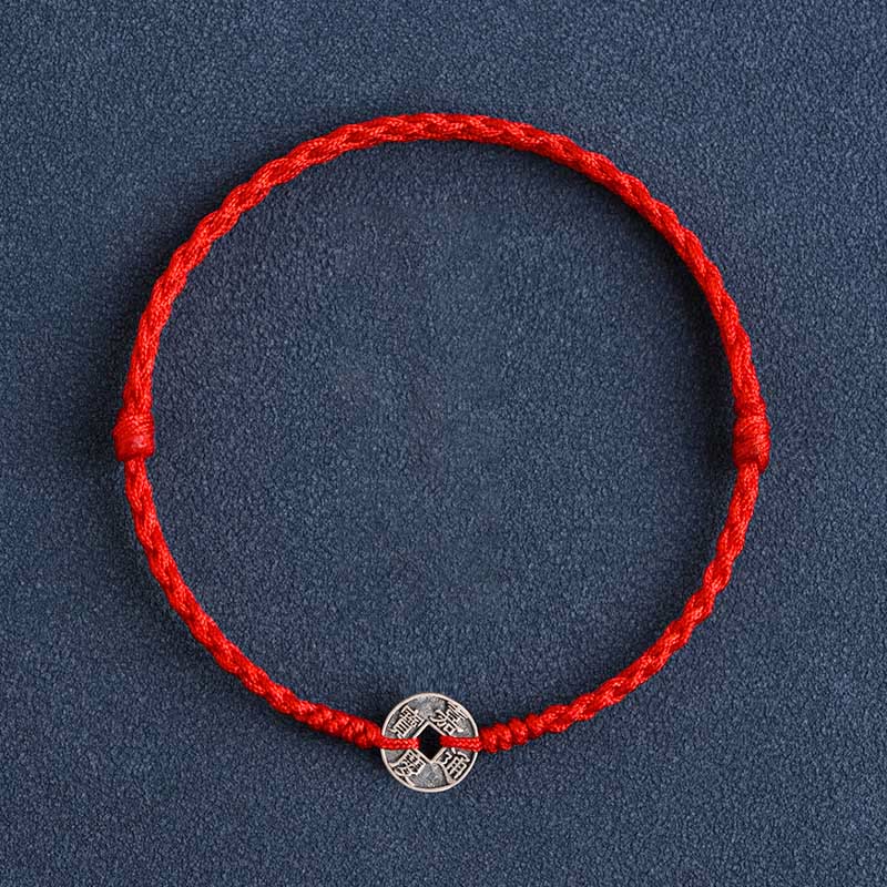 Nimara Ritual 925 Sterling Silver Five Emperor Coins Red String Protection Luck Braided Bracelet Anklet