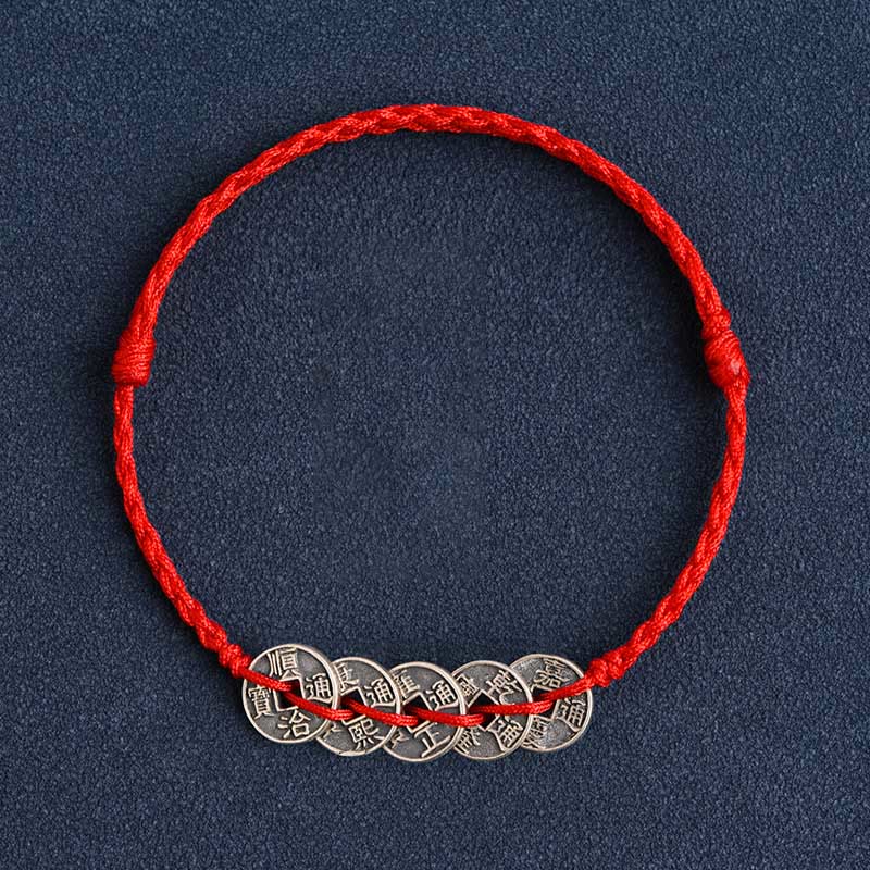 Nimara Ritual 925 Sterling Silver Five Emperor Coins Red String Protection Luck Braided Bracelet Anklet