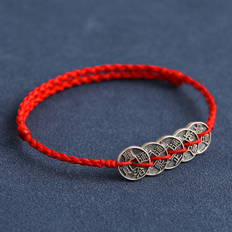 Nimara Ritual 925 Sterling Silver Five Emperor Coins Red String Protection Luck Braided Bracelet Anklet