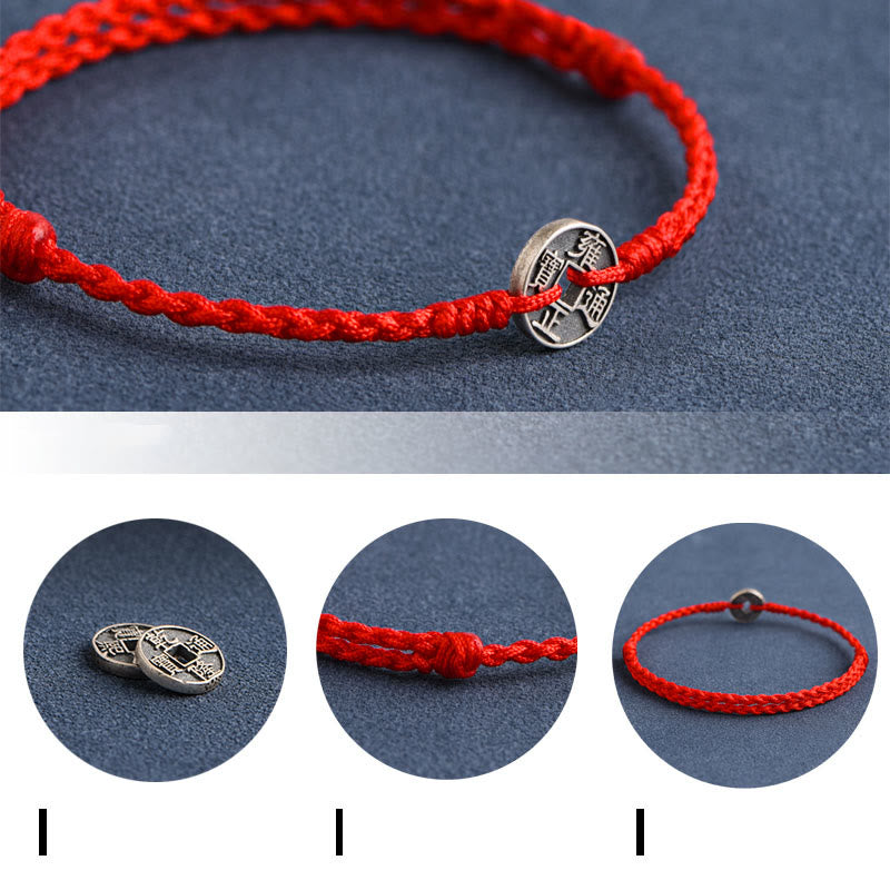 Nimara Ritual 925 Sterling Silver Five Emperor Coins Red String Protection Luck Braided Bracelet Anklet
