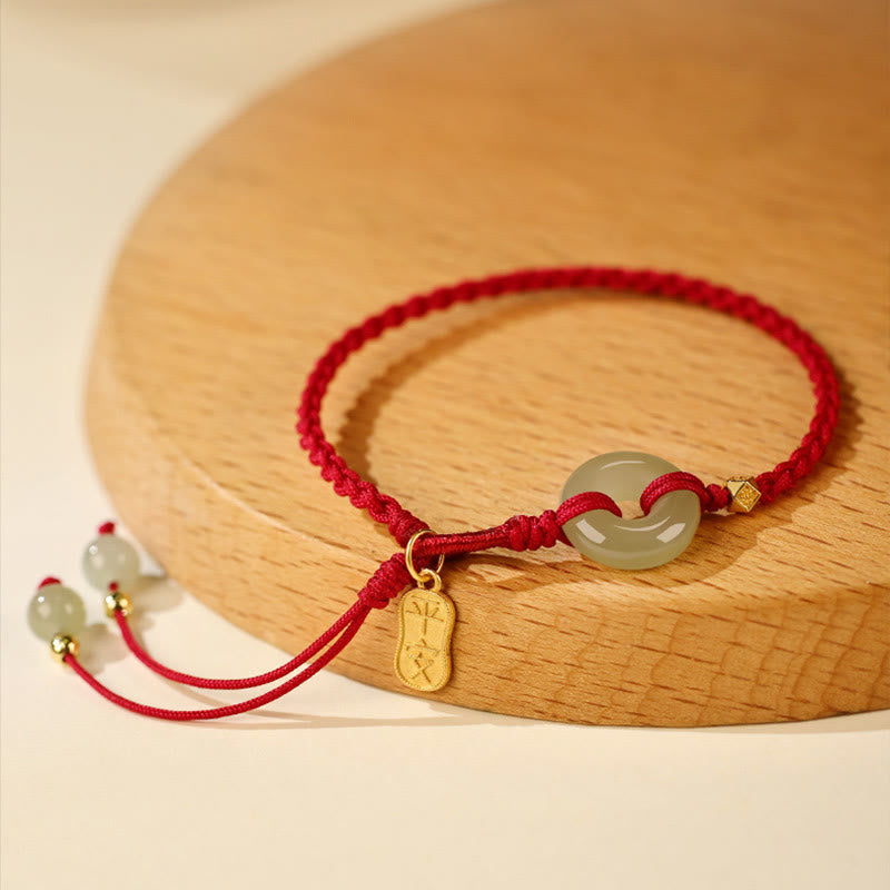 Nimara Ritual Natural Hetian Jade Peace Buckle Red String Luck Braided Bracelet