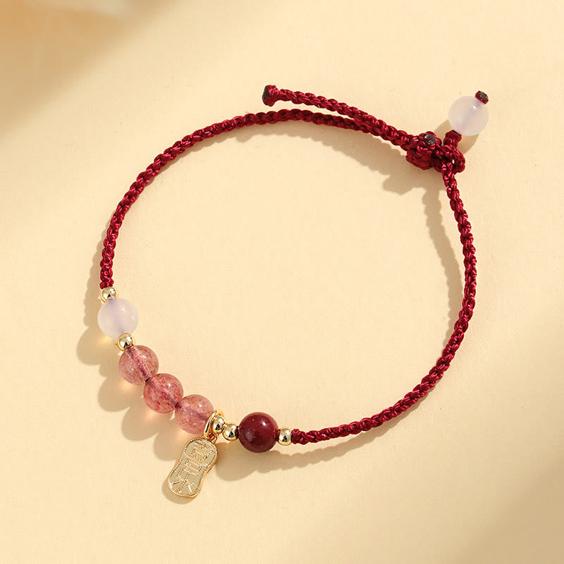 Nimara Ritual Natural Strawberry Quartz Jade White Agate Red String Positive Bracelet