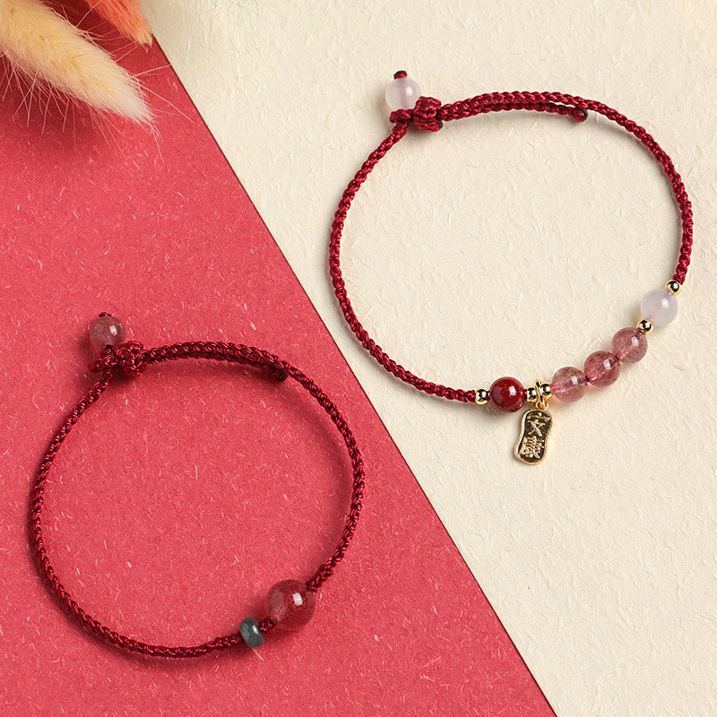Nimara Ritual Natural Strawberry Quartz Jade White Agate Red String Positive Bracelet