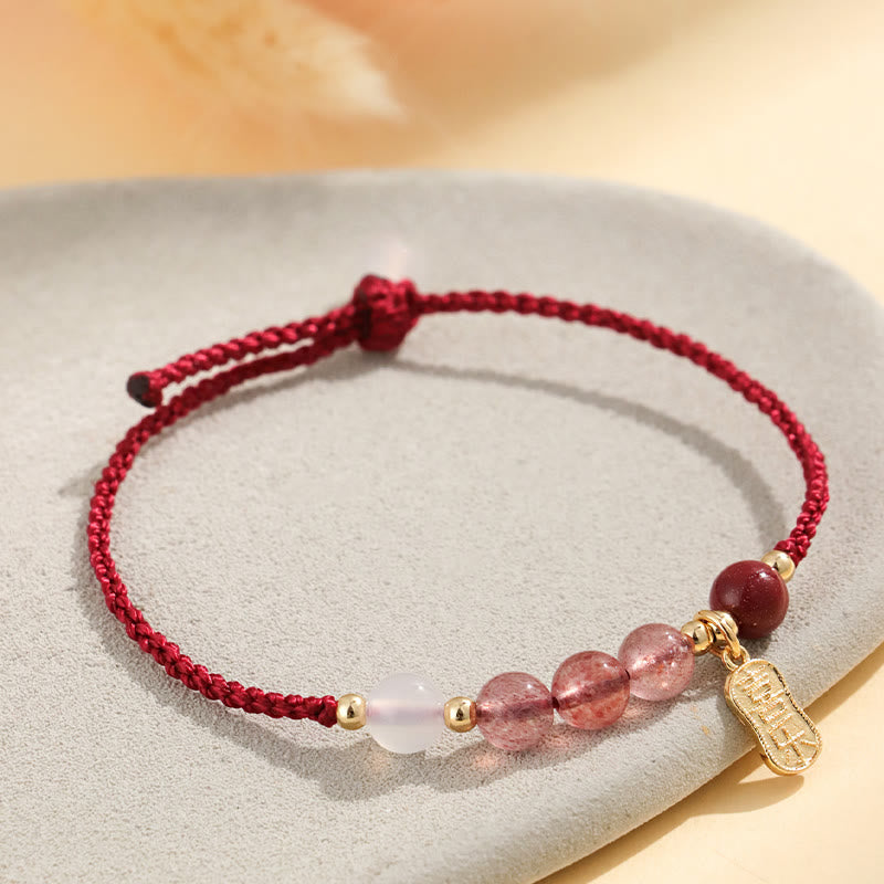 Nimara Ritual Natural Strawberry Quartz Jade White Agate Red String Positive Bracelet