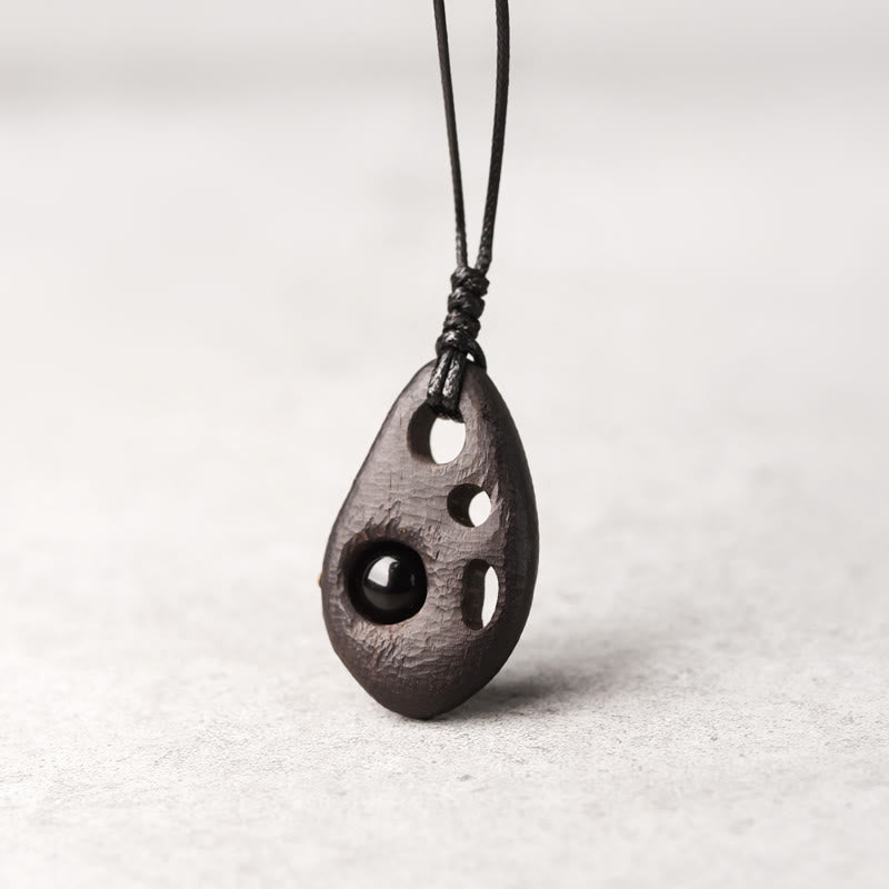Nimara Ritual Ebony Wood Hollow Inlaid Obsidian Peace Calm Necklace Pendant