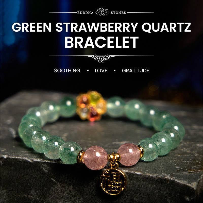 Nimara Ritual Natural Green Strawberry Quartz Soothing Fu Character Bracelet