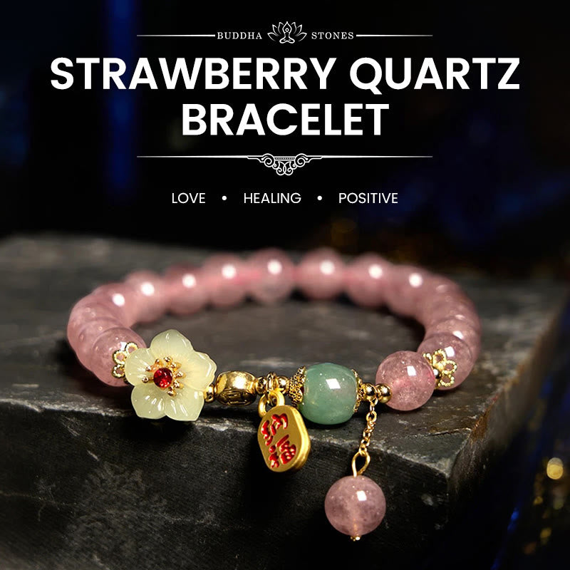 Nimara Ritual Natural Strawberry Quartz Blossom Fu Character Positivity Healing Bracelet