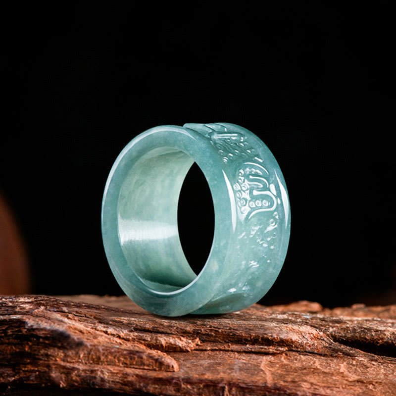 Nimara Ritual Natural Jade Om Mani Padme Hum Carved Prosperity Ring