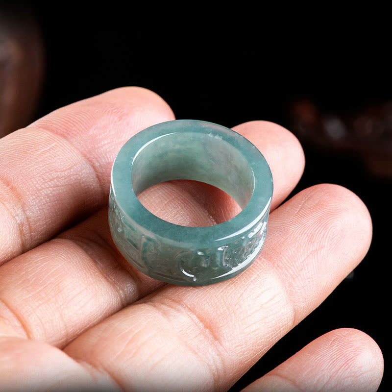 Nimara Ritual Natural Jade Om Mani Padme Hum Carved Prosperity Ring