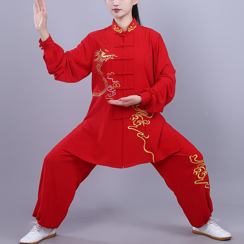 Nimara Ritual 2Pcs Fall Embroidery Dragon Frog-Button Tai Chi Meditation Qigong Zen Practice Unisex Cotton Clothing Set
