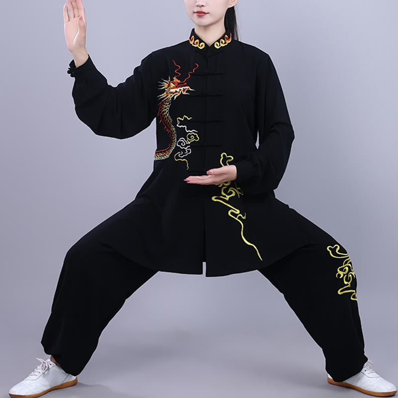 Nimara Ritual 2Pcs Fall Embroidery Dragon Frog-Button Tai Chi Meditation Qigong Zen Practice Unisex Cotton Clothing Set