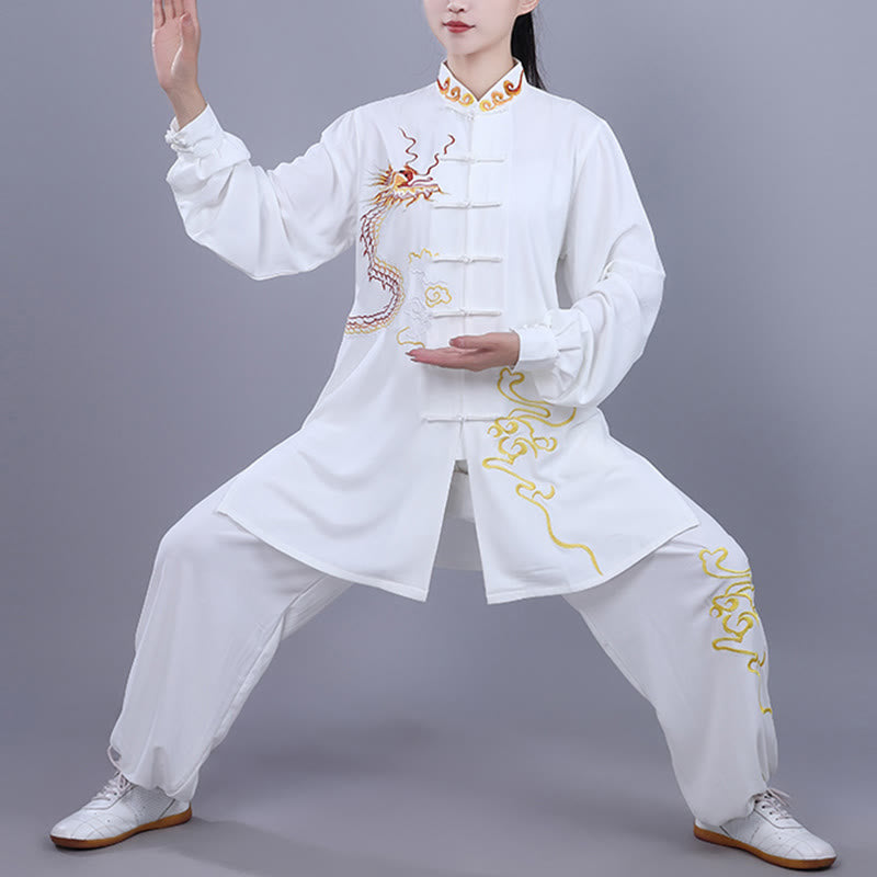 Nimara Ritual 2Pcs Fall Embroidery Dragon Frog-Button Tai Chi Meditation Qigong Zen Practice Unisex Cotton Clothing Set