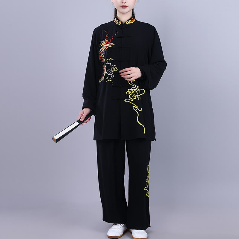 Nimara Ritual 2Pcs Fall Embroidery Dragon Frog-Button Tai Chi Meditation Qigong Zen Practice Unisex Cotton Clothing Set
