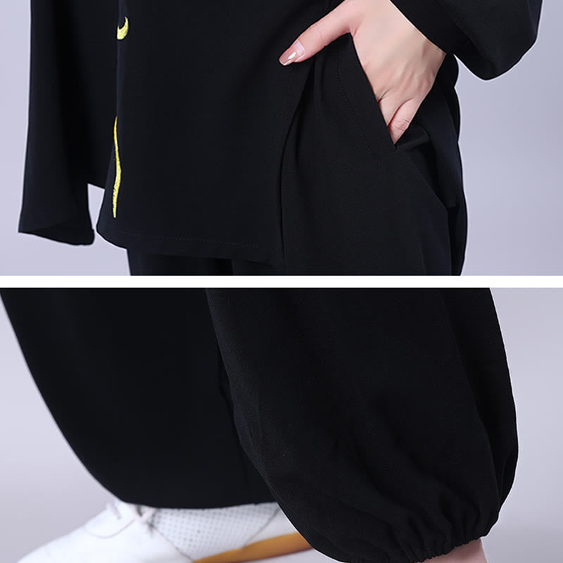 Nimara Ritual 2Pcs Fall Embroidery Dragon Frog-Button Tai Chi Meditation Qigong Zen Practice Unisex Cotton Clothing Set