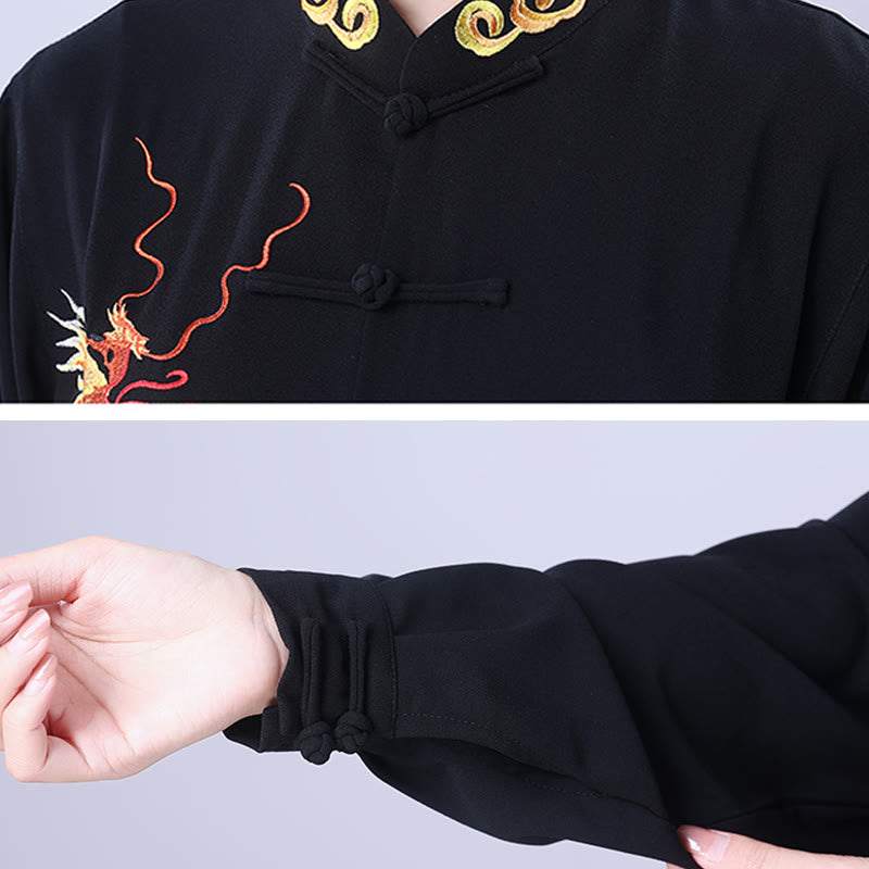 Nimara Ritual 2Pcs Fall Embroidery Dragon Frog-Button Tai Chi Meditation Qigong Zen Practice Unisex Cotton Clothing Set