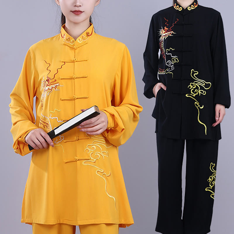 Nimara Ritual 2Pcs Fall Embroidery Dragon Frog-Button Tai Chi Meditation Qigong Zen Practice Unisex Cotton Clothing Set