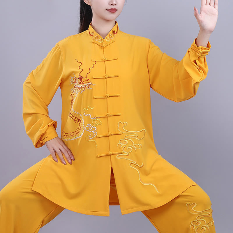 Nimara Ritual 2Pcs Fall Embroidery Dragon Frog-Button Tai Chi Meditation Qigong Zen Practice Unisex Cotton Clothing Set
