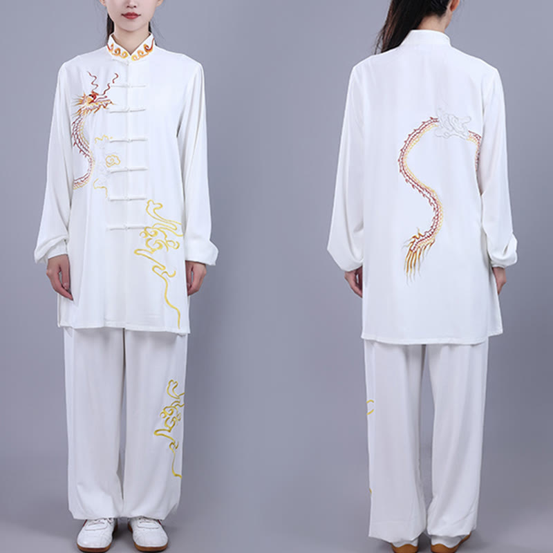 Nimara Ritual 2Pcs Fall Embroidery Dragon Frog-Button Tai Chi Meditation Qigong Zen Practice Unisex Cotton Clothing Set