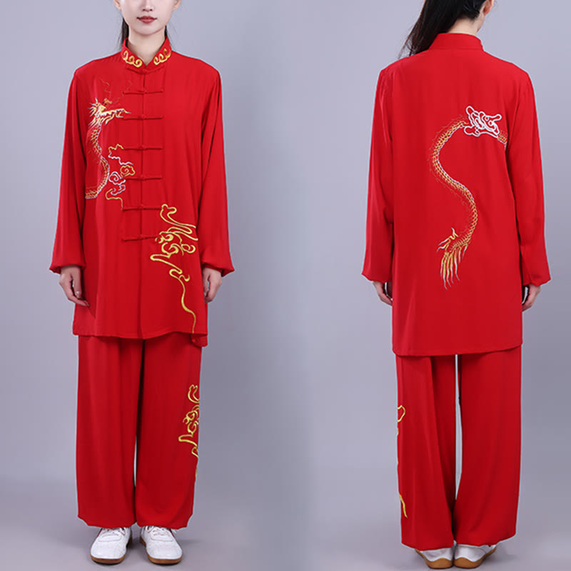 Nimara Ritual 2Pcs Fall Embroidery Dragon Frog-Button Tai Chi Meditation Qigong Zen Practice Unisex Cotton Clothing Set