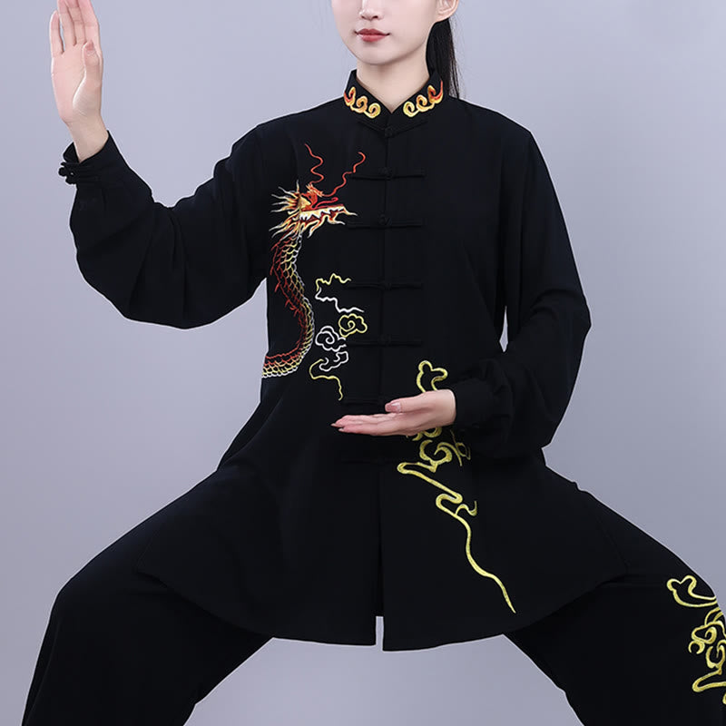 Nimara Ritual 2Pcs Fall Embroidery Dragon Frog-Button Tai Chi Meditation Qigong Zen Practice Unisex Cotton Clothing Set