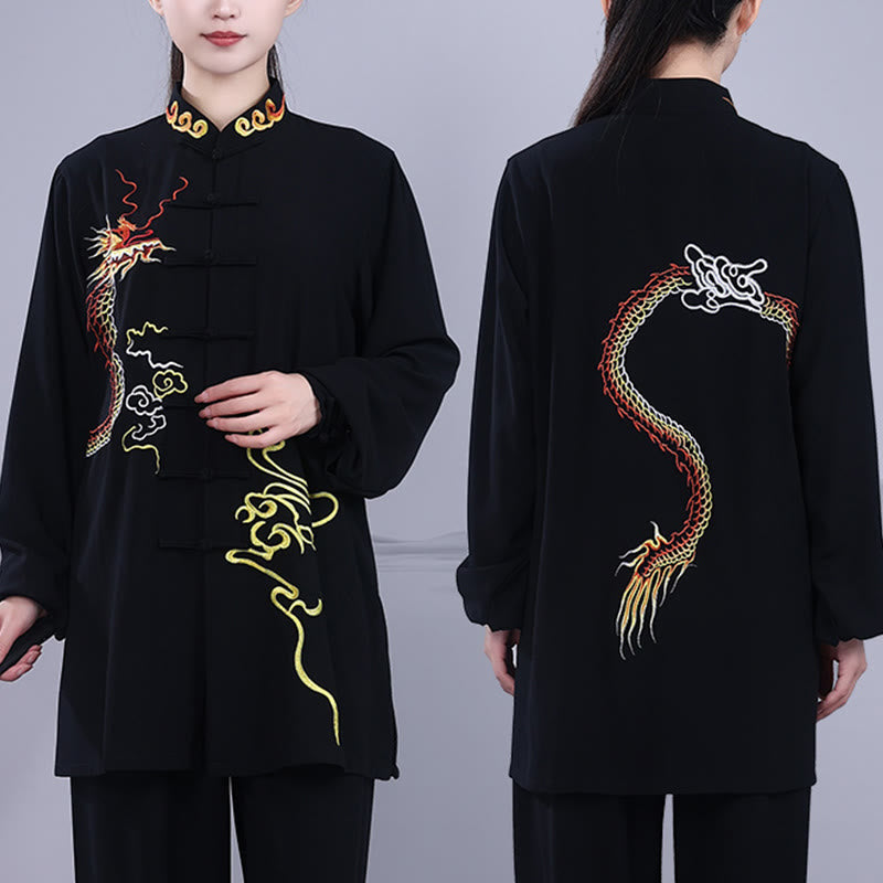 Nimara Ritual 2Pcs Fall Embroidery Dragon Frog-Button Tai Chi Meditation Qigong Zen Practice Unisex Cotton Clothing Set
