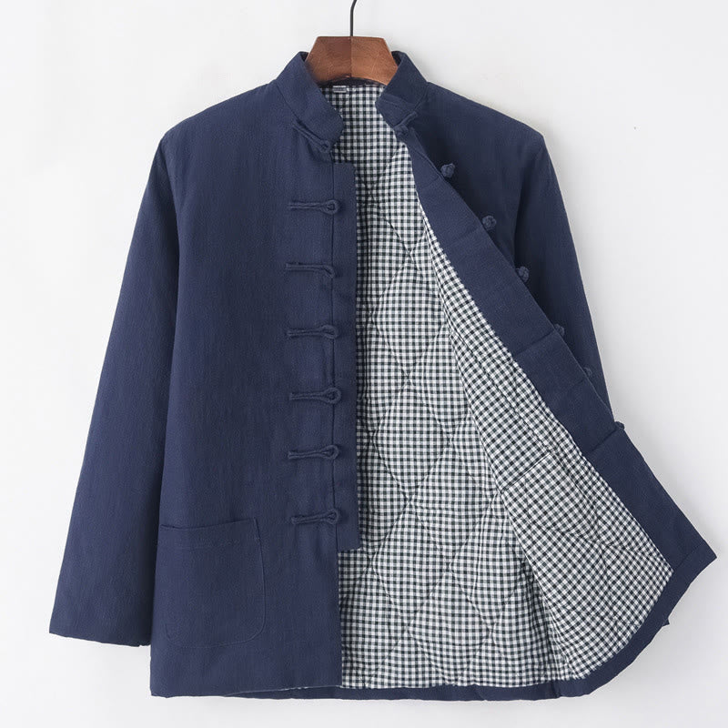 Nimara Ritual Winter Men's Frog-Button Tang Suit Linen Cotton Fleece Lined Jacket Shirt With Pockets