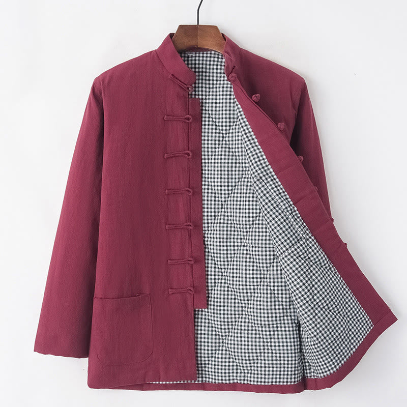 Nimara Ritual Winter Men's Frog-Button Tang Suit Linen Cotton Fleece Lined Jacket Shirt With Pockets