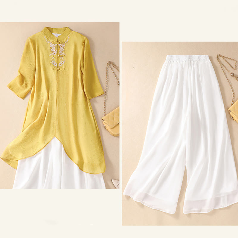 Nimara Ritual Women's Flower Embroidery Frog-Button Shirt Dress Wide Leg Pants