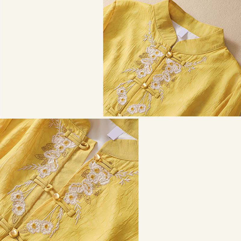 Nimara Ritual Women's Flower Embroidery Frog-Button Shirt Dress Wide Leg Pants