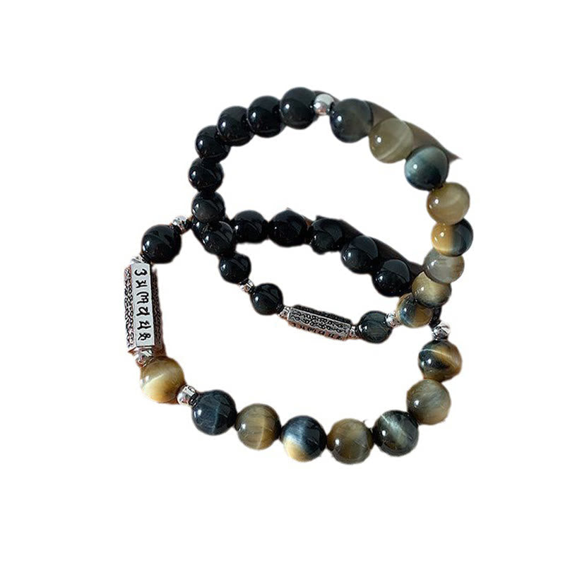 Nimara Ritual Natural Black Obsidian Tiger's Eye Six True Words 'om Mani Padme Hum' Strength Love Bracelet
