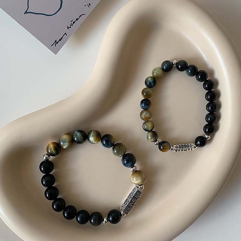 Nimara Ritual Natural Black Obsidian Tiger's Eye Six True Words 'om Mani Padme Hum' Strength Love Bracelet
