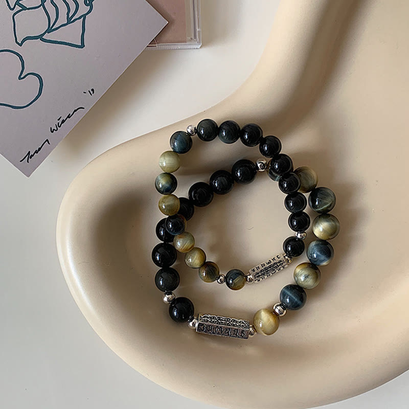 Nimara Ritual Natural Black Obsidian Tiger's Eye Six True Words 'om Mani Padme Hum' Strength Love Bracelet