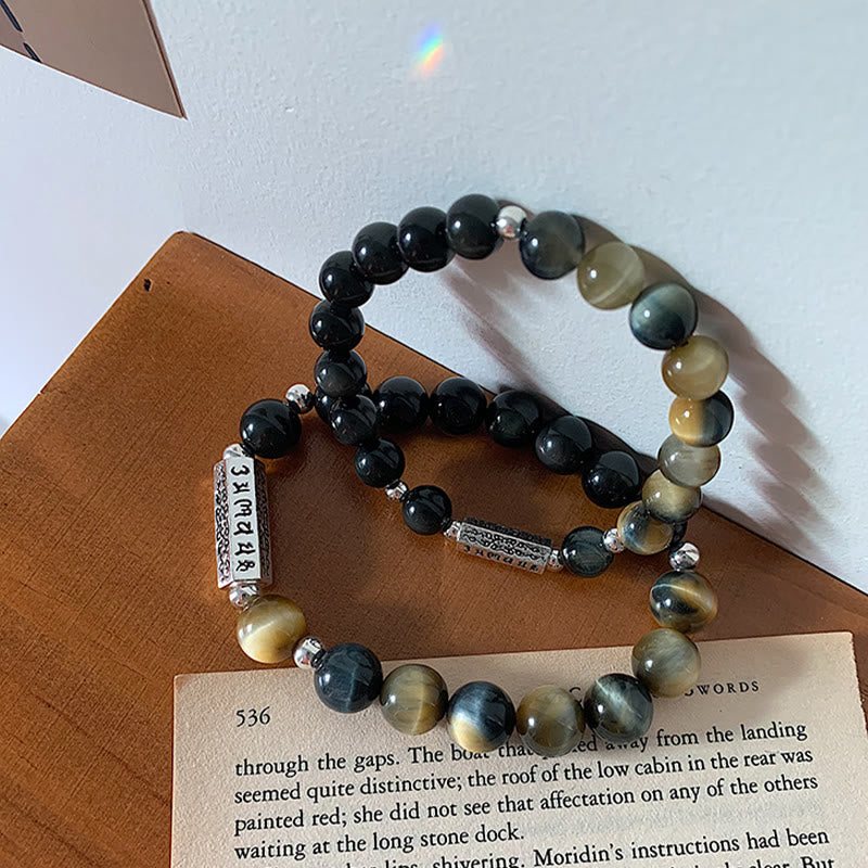 Nimara Ritual Natural Black Obsidian Tiger's Eye Six True Words 'om Mani Padme Hum' Strength Love Bracelet