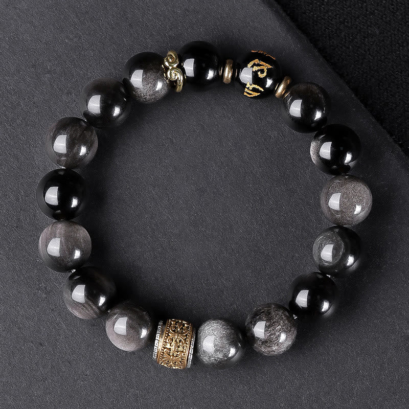 Nimara Ritual Natural Silver Sheen Obsidian Tiger's Eye Six True Words 'Om Mani Padme Hum' Strength Bracelet