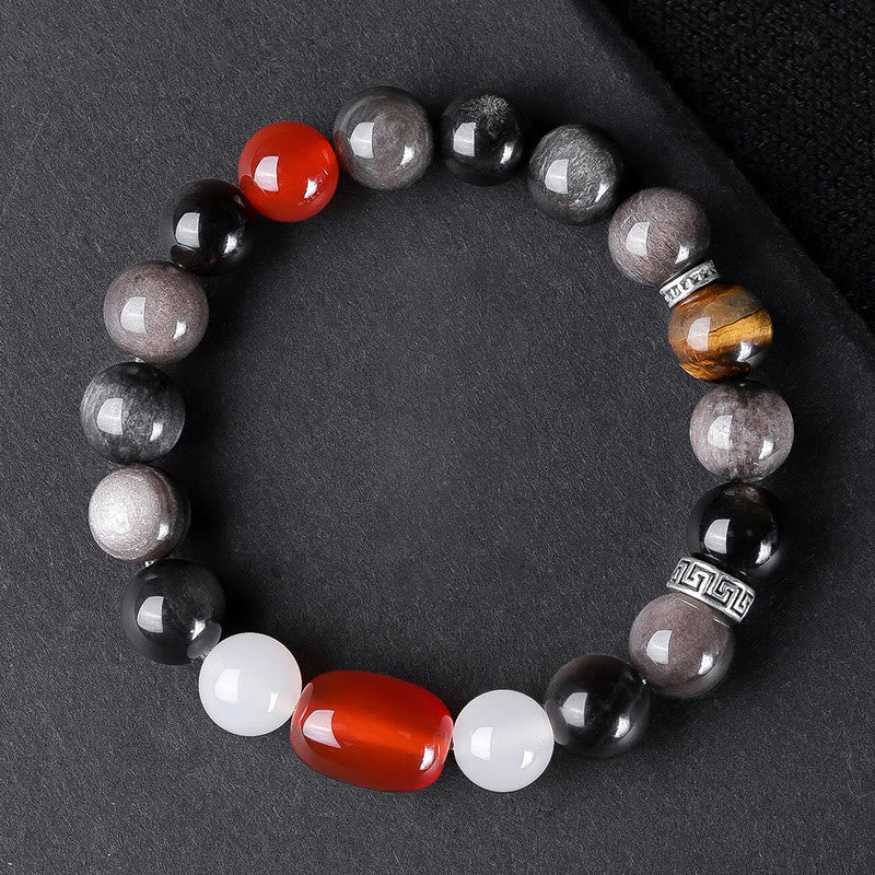 Nimara Ritual Natural Silver Sheen Obsidian Tiger's Eye Six True Words 'Om Mani Padme Hum' Strength Bracelet
