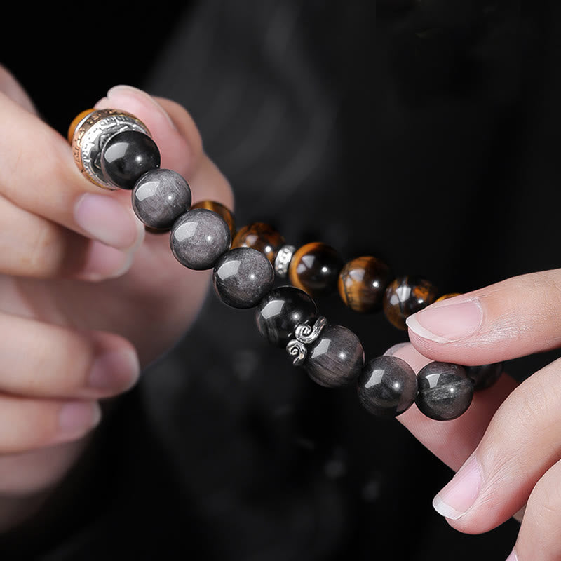 Nimara Ritual Natural Silver Sheen Obsidian Tiger's Eye Six True Words 'Om Mani Padme Hum' Strength Bracelet