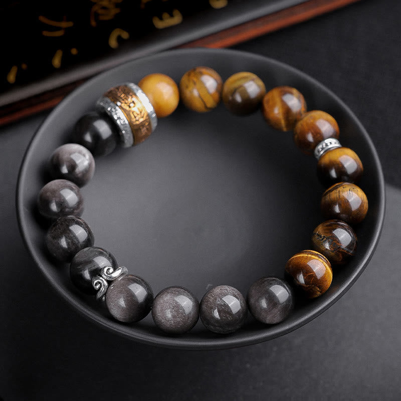 Nimara Ritual Natural Silver Sheen Obsidian Tiger's Eye Six True Words 'Om Mani Padme Hum' Strength Bracelet