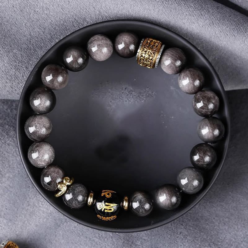 Nimara Ritual Natural Silver Sheen Obsidian Tiger's Eye Six True Words 'Om Mani Padme Hum' Strength Bracelet
