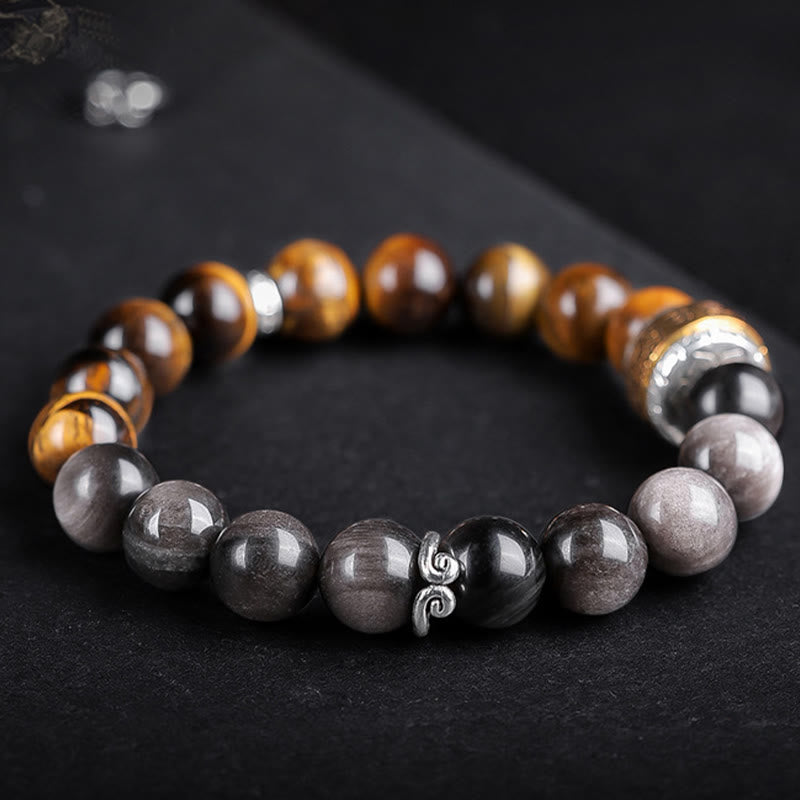Nimara Ritual Natural Silver Sheen Obsidian Tiger's Eye Six True Words 'Om Mani Padme Hum' Strength Bracelet